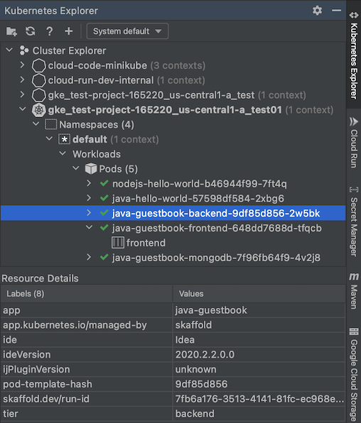 Ver los metadatos de los recursos en el panel Detalles del recurso, disponible en la segunda mitad del Explorador de Kubernetes