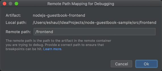 Caixa de diálogo de mapeamento de caminhos remotos para cada artefacto que especifica o caminho remoto que está a ser usado