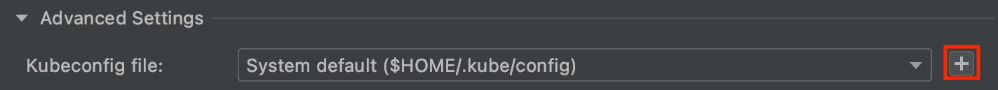 Editar los ajustes de kubeconfig en Configuraciones de ejecución. Proporciona un menú desplegable para seleccionar un archivo kubeconfig ya añadido y un botón para añadir uno nuevo.