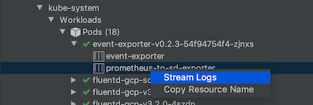Transmitir registros de un contenedor mediante su menú contextual para mostrar los registros en la consola del Explorador de Kubernetes