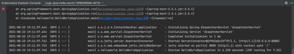 Streaming dei log da un pod utilizzando il menu di scelta rapida per visualizzare i log nella console di Kubernetes Explorer