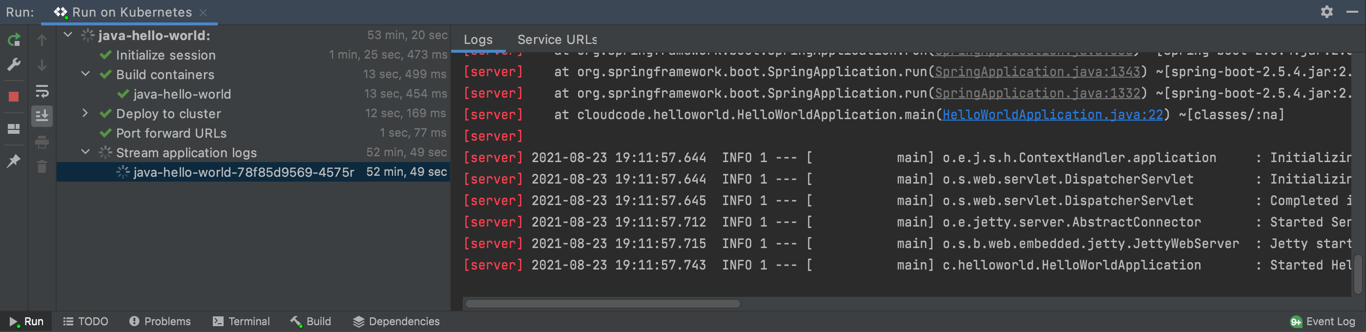 Ver registros transmitidos de la aplicación Hello World de Java