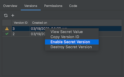 O separador Versão está selecionado para o segredo "test" e as duas versões disponíveis, "2" e "3", estão tabeladas juntamente com a respetiva hora de criação. '3' é clicado com o botão direito do rato e é selecionada a opção "Ativar versão secreta"