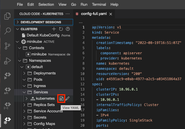 File YAML del servizio Kubernetes aperto utilizzando l'icona Visualizza YAML