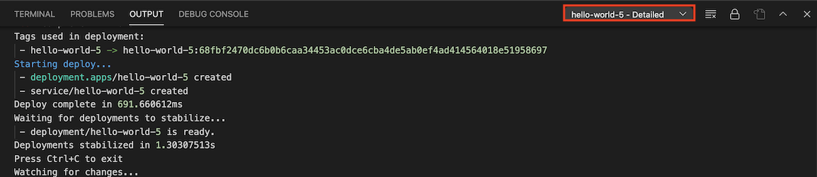 Ausgabebereich mit „hello-world-5 – Detailliert“ aus dem Drop-down-Menü des Ausgabekanals