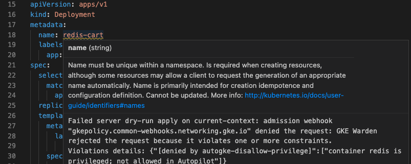 “hello.deployment.yaml”上的服务器端试运行验证失败,并以消息框通知形式显示错误消息。错误详情可在输出通道中找到;命名空间“random-namespace”不存在