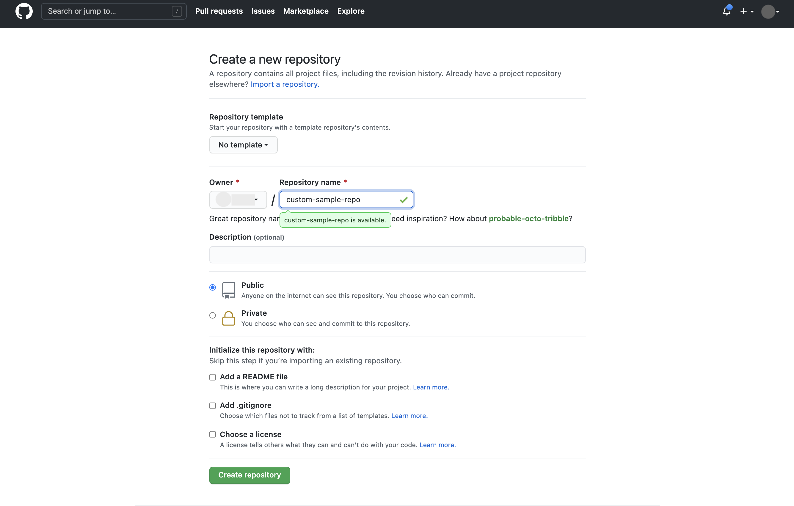 Interfaz de creación de repositorios de GitHub con el campo de nombre de repositorio rellenado con "custom-sample-repo"