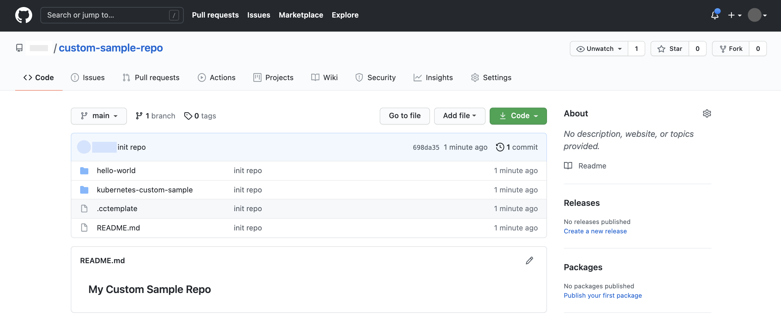 'custom-sample-repo' dengan dua direktori contoh yang mendasarinya, 'hello-world' dan 'kubernetes-custom-sample'
