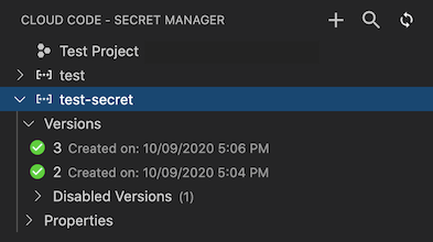 Secret Manager en Cloud Code abierto con dos secretos