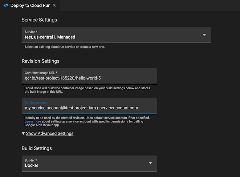 Sezione Impostazioni avanzate di revisione espansa in Cloud Run: campo Deployment e service account compilato con il nome account di servizio nel formato service-account-name@project-name.iam.gserviceaccount.com
