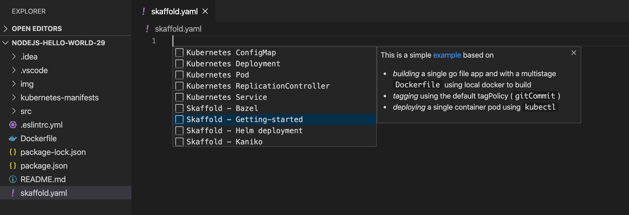 Crie a configuração do Skaffold manualmente com o IntelliSense