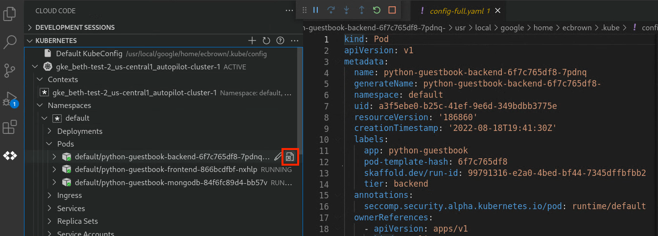 使用「View YAML」圖示開啟的 Kubernetes pod YAML