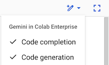 Die Liste der Gemini in Colab Enterprise-Funktionen unter der Schaltfläche „Help me code“, einschließlich Codevervollständigung und Codegenerierung.