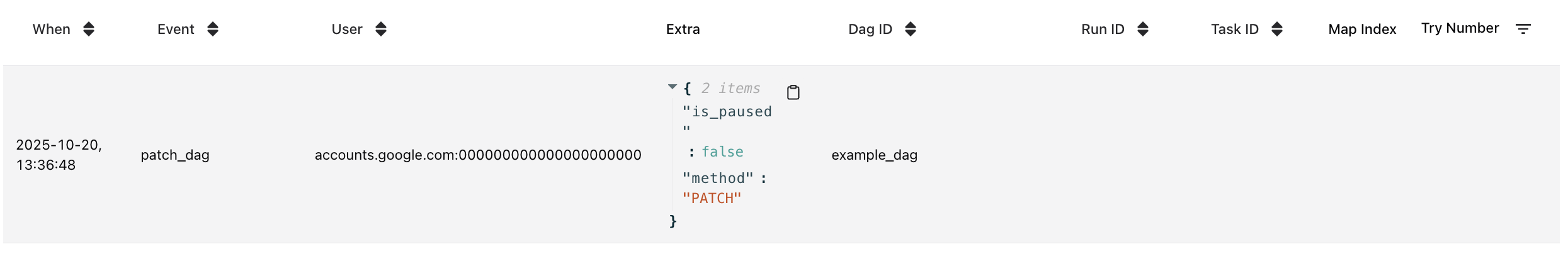 An entry on the Audit Logs page in Airflow 3