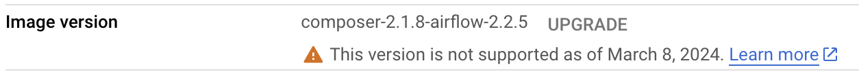 Auf der Seite mit Umgebungsdetails wird eine Meldung zur Einstellung angezeigt.