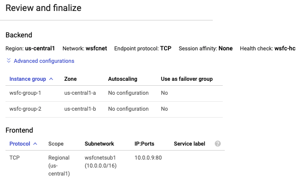  A consolaGoogle Cloud mostra as definições finais do balanceamento de carga interno.