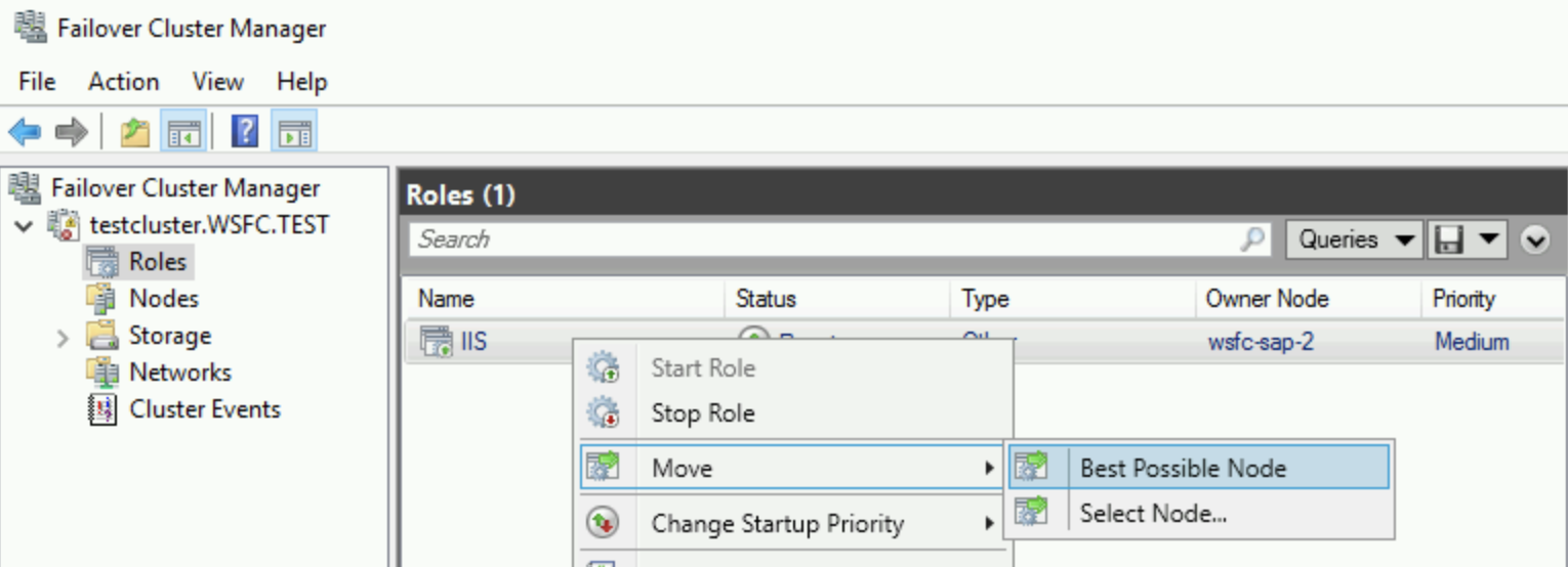 Campo Nodo proprietario visualizzato in Gestione cluster di failover.