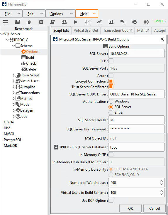 Configurar las opciones de compilación de TPROC-C