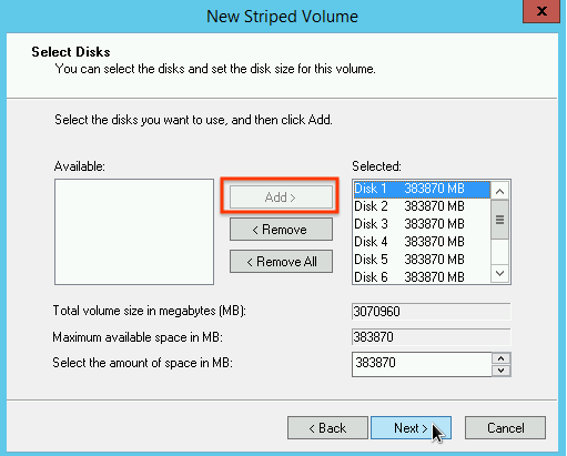 Selezione delle partizioni dell'unità SSD locale da includere nell'array.