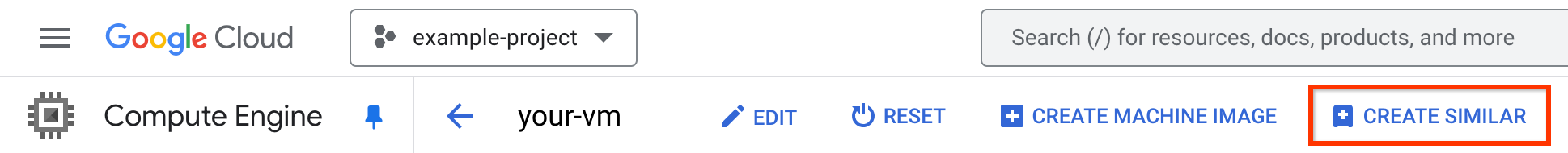 O botão "Criar semelhante" no console Google Cloud .