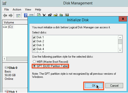 Selecionar um esquema de partição na janela de inicialização do disco.