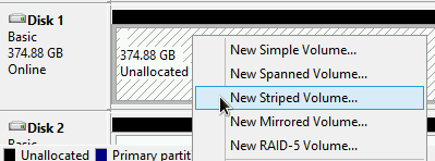 Creazione di un nuovo volume con striping dal disco collegato.
