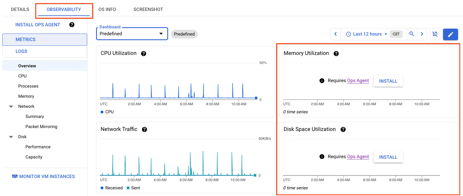 Separador Observabilidade
 para uma VM sem o agente de operações instalado.