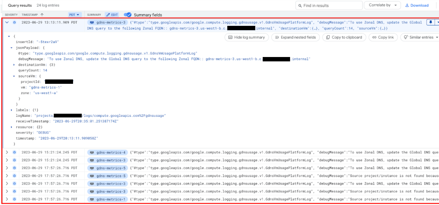 Screenshot di jsonPayload nei risultati della query del log gdnsusage.
