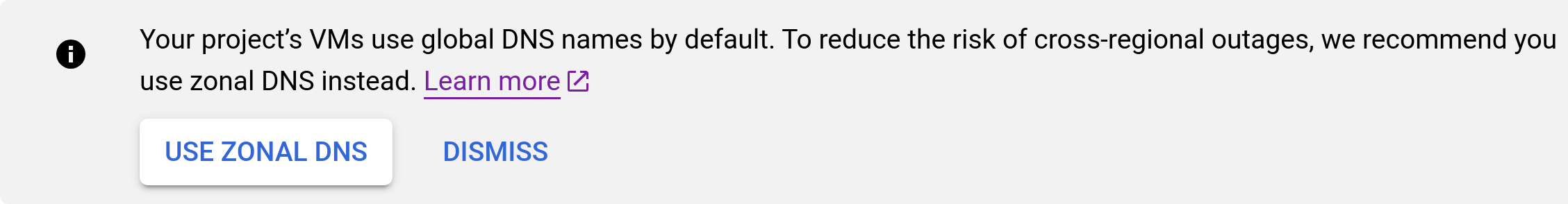 Captura de pantalla del banner que indica que se puede migrar al DNS zonal en la consola.