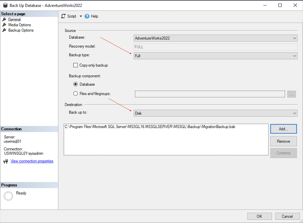 אפשרויות גיבוי מסד הנתונים.