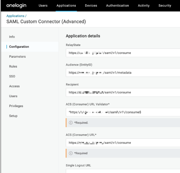 Pantalla de configuración de OneLogin
