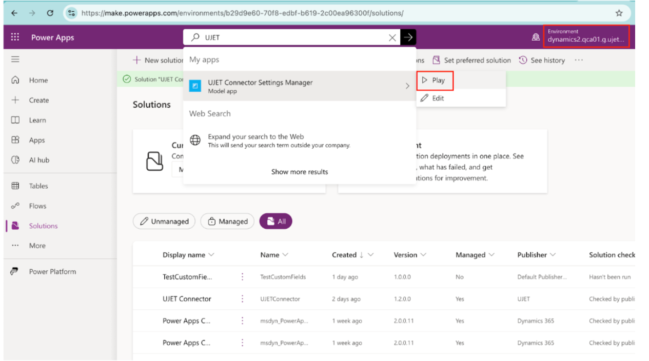 A interface do Microsoft Dynamics é mostrada, com o Gerenciador de configurações do conector UJET na barra de ferramentas.