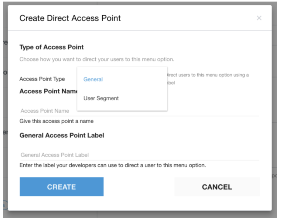 Crea un punto de acceso directo y especifica el tipo de punto de acceso que se creará.