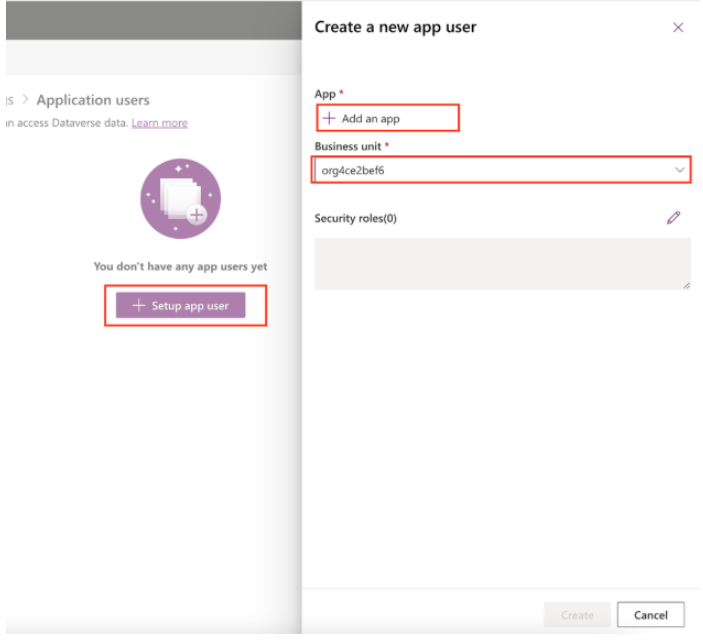 A janela para configurar um novo usuário de app no Microsoft Dynamics é mostrada.