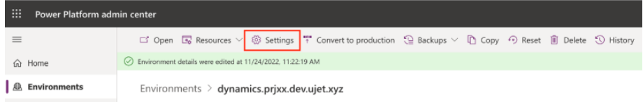 A guia de configurações do ambiente do Microsoft Dynamics é mostrada.