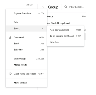 A menu with options to save a dashboard.