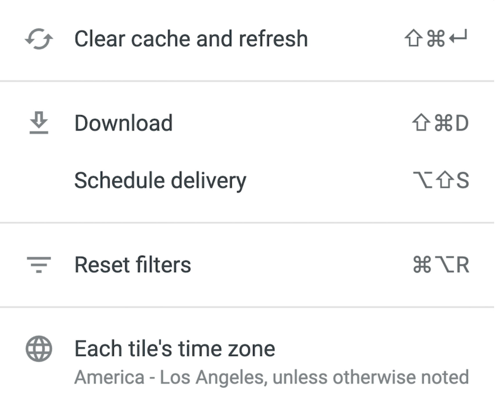 O menu "Ações do dashboard".