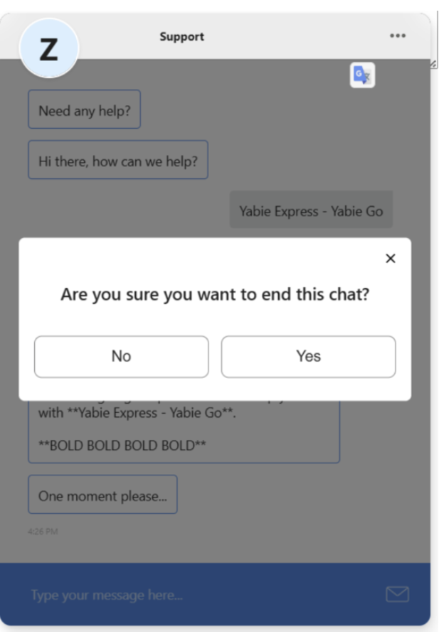 Contoh tombol dialog dengan opsi untuk mengakhiri percakapan ditampilkan.