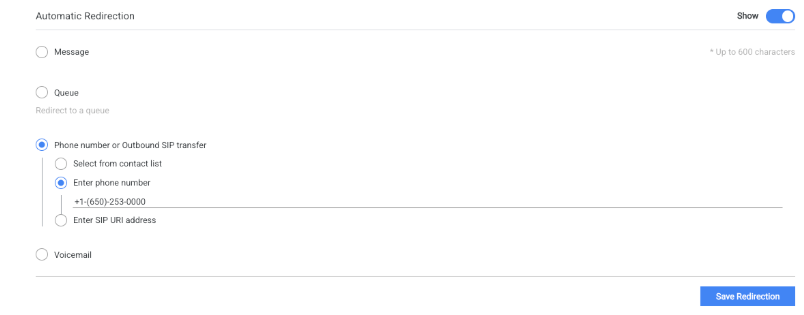 이 다이어그램은 아웃바운드 SIP 전송용 전화번호가 선택된 자동 리디렉션 메뉴를 보여줍니다.