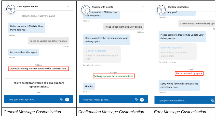 An example of a chat window with the custom message bubbles highlighted is shown.
