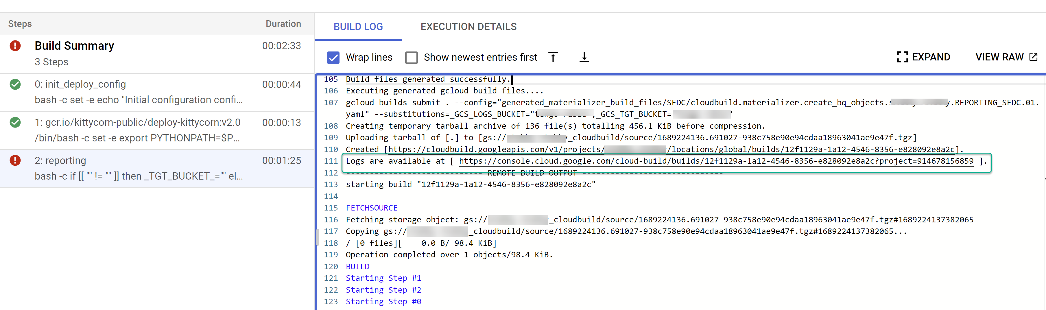 Monitoraggio dei passaggi di build figlio