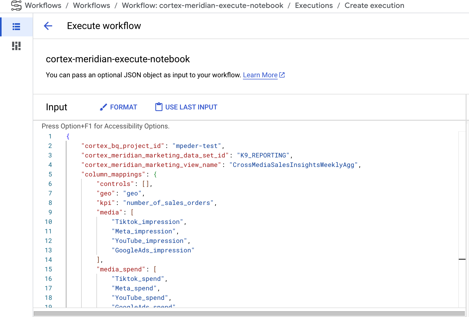 Fornisci una nuova configurazione JSON di Cortex for Meridian come input del flusso di lavoro