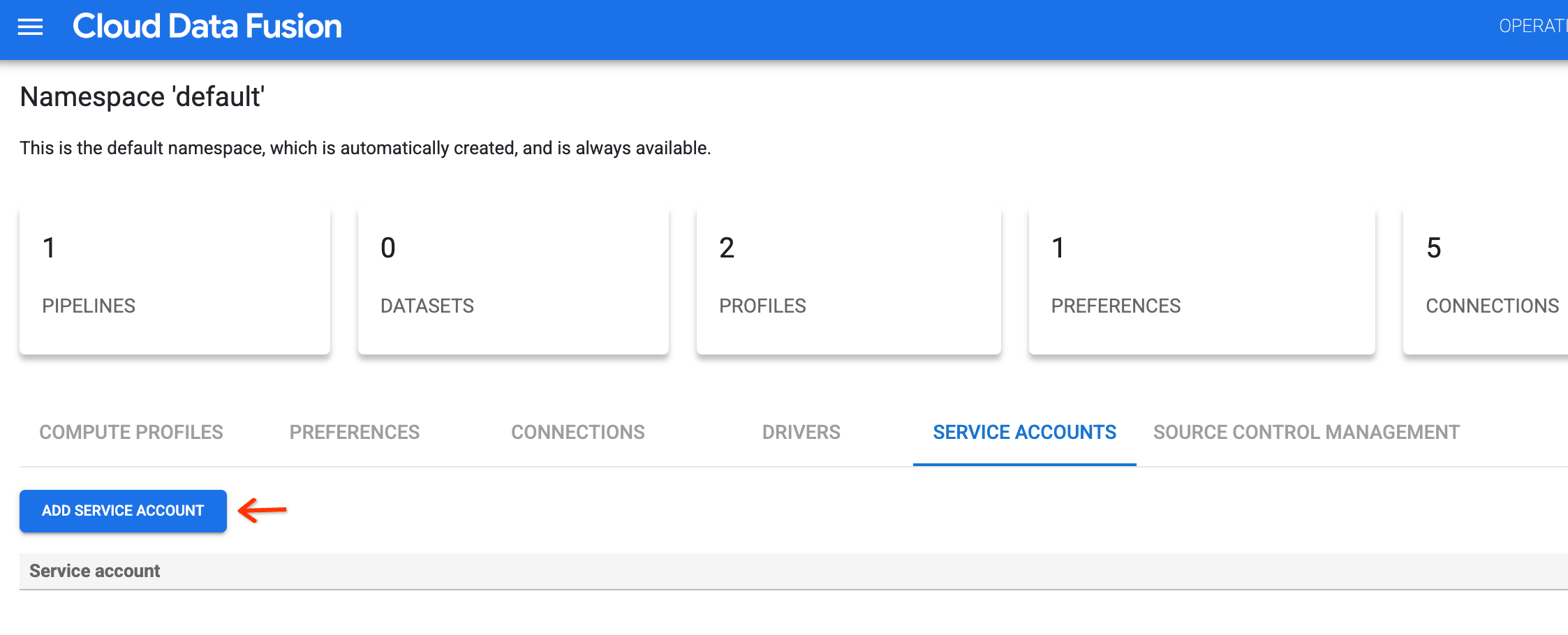 Bouton &quot;Ajouter un compte de service&quot;.