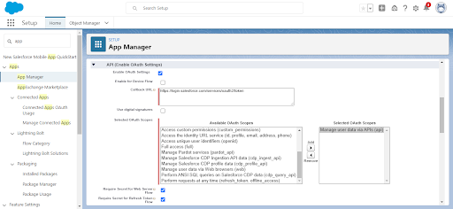Salesforce에 콜백 URL 및 OAuth 범위를 입력합니다.