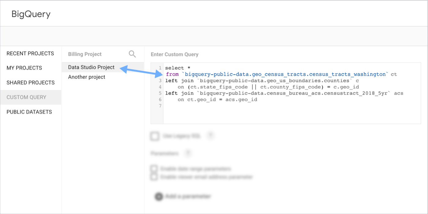 課金プロジェクトが「Looker Studio プロジェクト」に設定された BigQuery カスタムクエリ構成の例。クエリでは、クエリの FROM 句で BigQuery の一般公開データセットが指定されます。