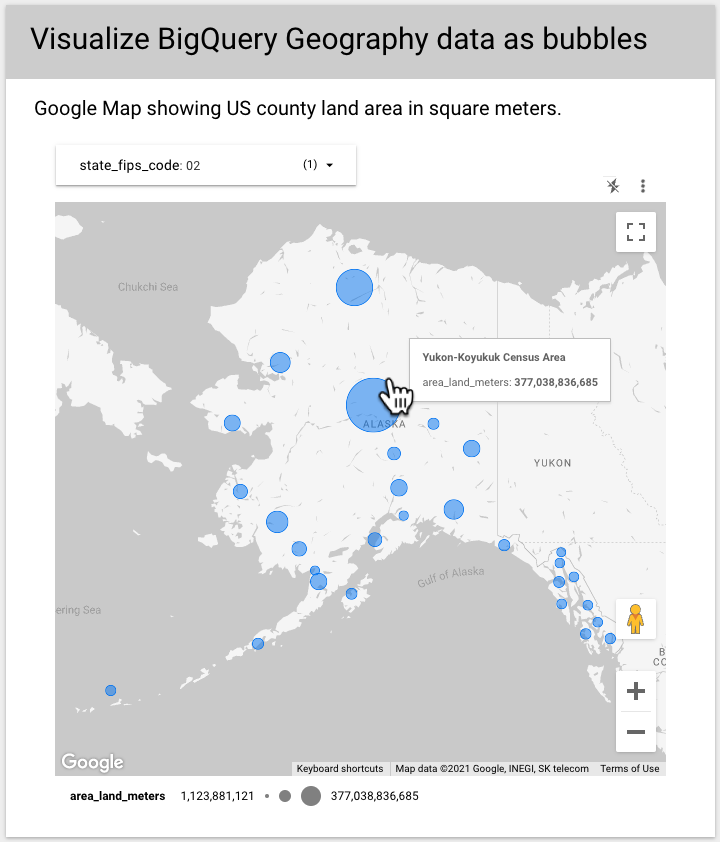 A Google map displays Alaska census areas as bubbles with a cursor highlighting the Yukon-Koyukuk Cenus Area bubble.