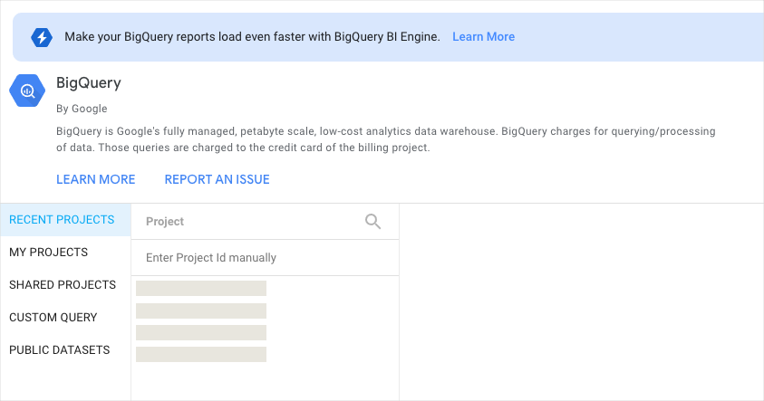 The Recent Projects tab appears on the BigQuery Add data to report panel.