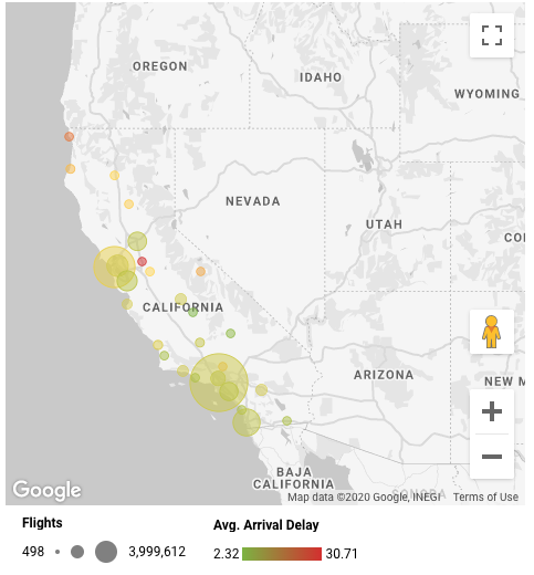 Un mapa de burbujas muestra las llegadas de las aerolíneas a California. Se indica el número de vuelos por el tamaño de las burbujas y el retraso medio de las llegadas por el color de las burbujas.