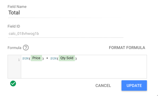 “添加字段”面板会显示一个名为“总计”的计算字段的公式 sum(Price) * sum(Qty Sold)。