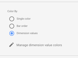 Im Bereich „Farbe festlegen nach“ für ein Balkendiagramm werden die Farboptionen „Einfarbig“, „Reihenfolge im Balkendiagramm“ und „Dimensionswerte“ angezeigt.